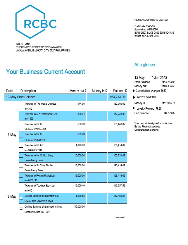 Modèle Word et PDF de relevé de compte de l'organisation RCBC Bank